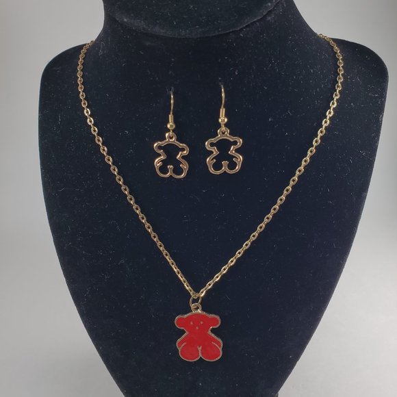 Jewelry - Gold Plated Necklace & Red Teddy Bear Pendant Set